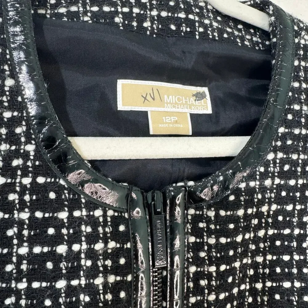 Michael Kors Black White Wool Tweed Blazer Jacket Patent Leather Trim Petite 12